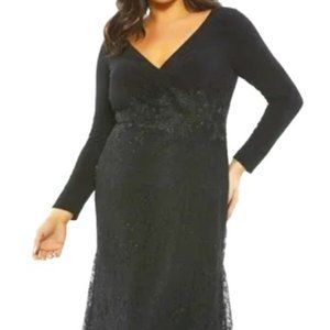 Mac Duggal 67896 Black Jersey Black Lace Trumpet Gown Long Sleeve 14W Like New